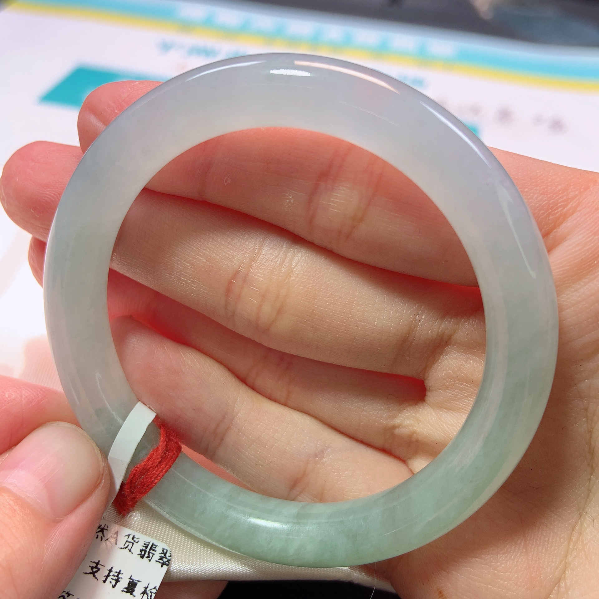 1591号缅甸天然A货翡翠49-50圈口糯冰蓝水圆条手镯
