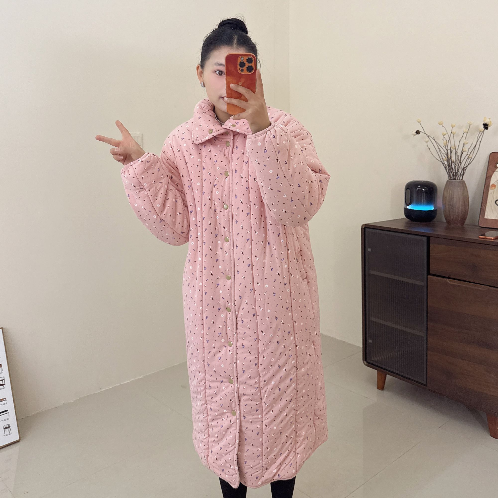 【桃之夭夭】300g新疆棉立领直筒大长款宽松家居服棉衣