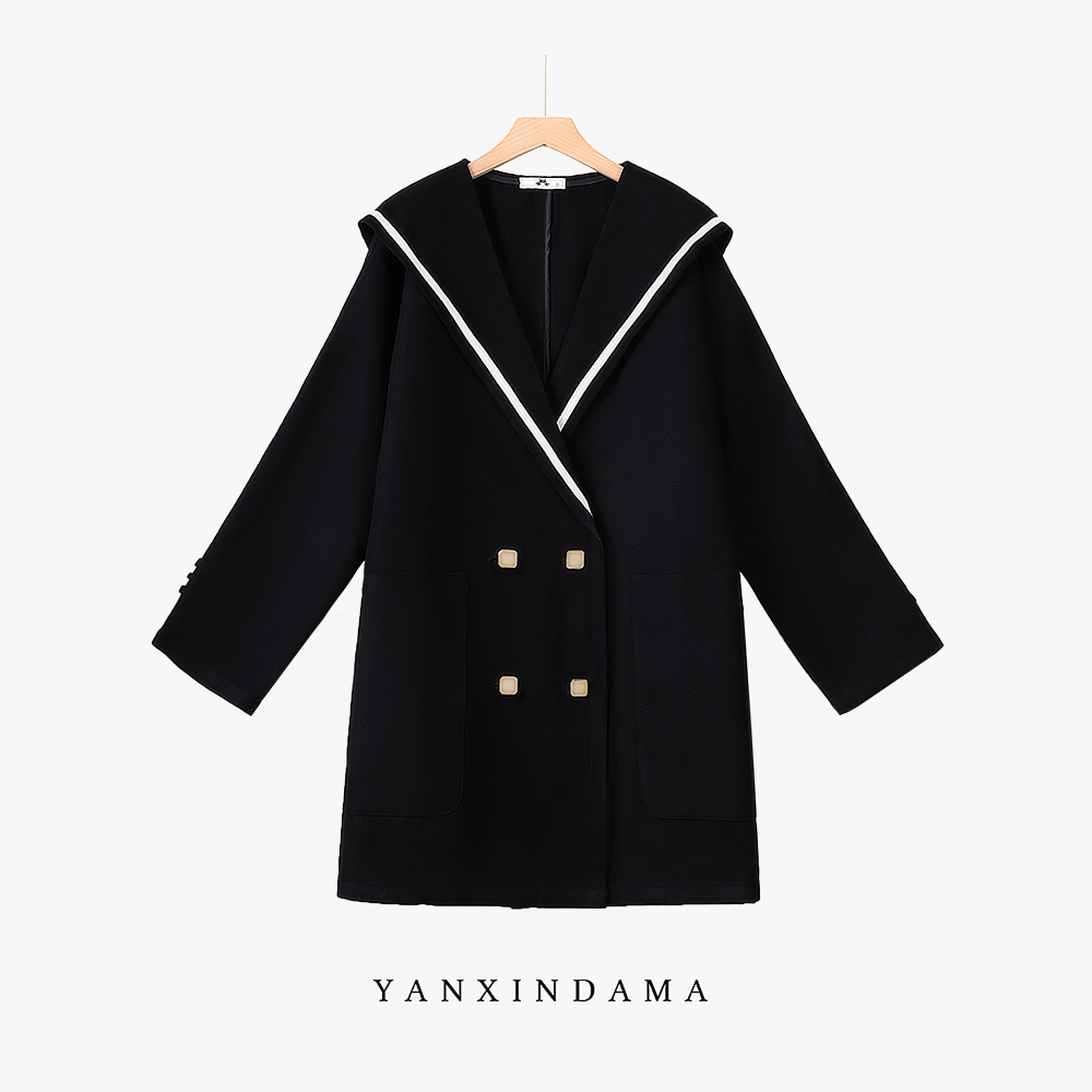 大码女装300斤胖MM时尚休闲百搭海军领宽松毛呢外套61499