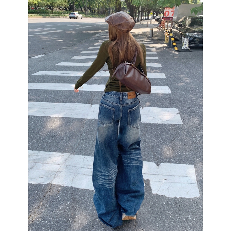高个子加长美式复古蓝色阔腿牛仔裤女低腰宽松显瘦直筒垂感拖地裤