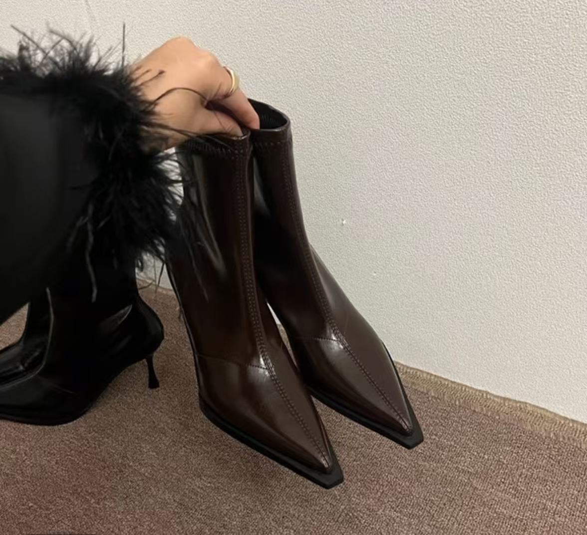 2025秋冬新品瘦瘦靴~细跟高跟尖头气质软皮后拉链韩版百搭款短靴