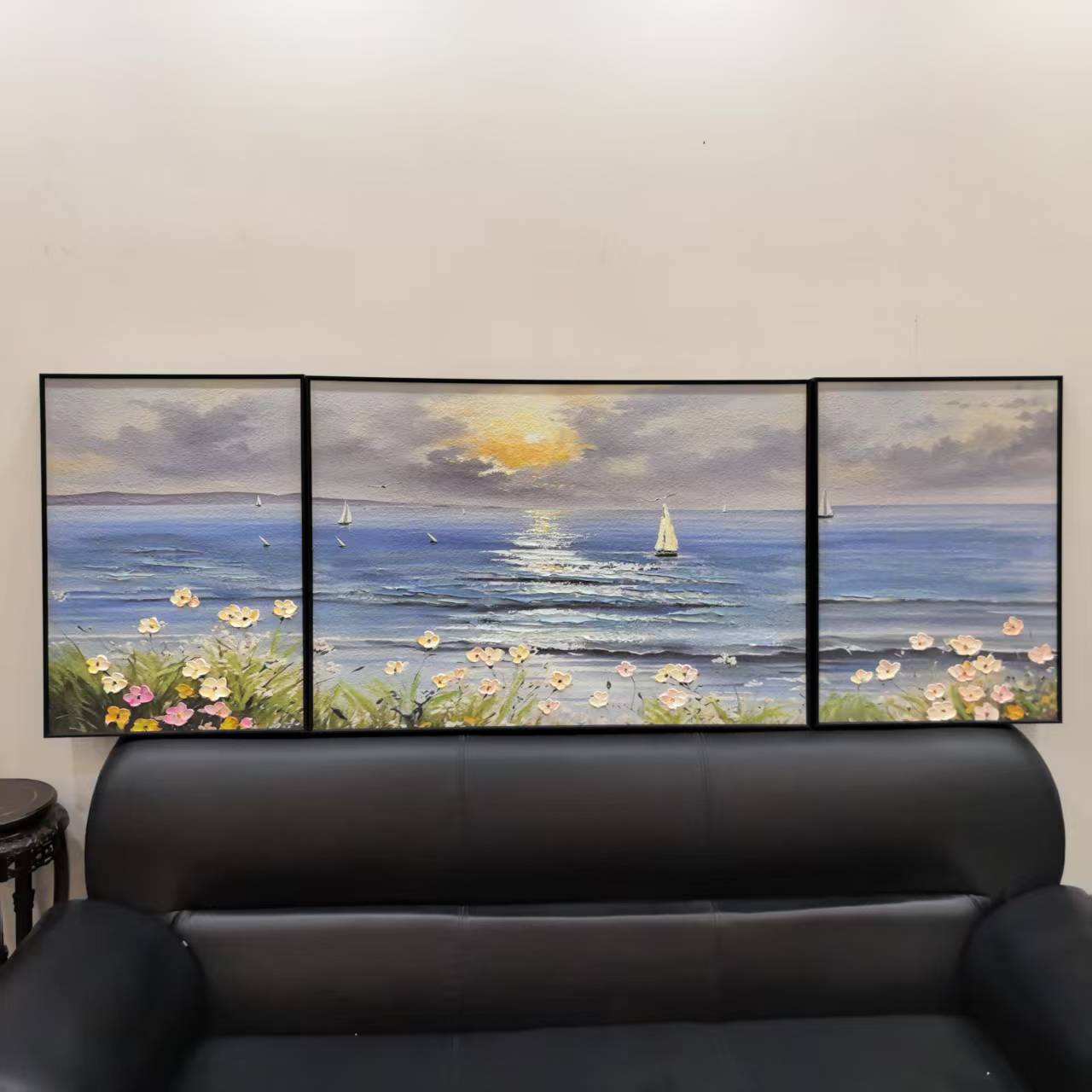 蓝色海岸三联砂岩肌理沙发背景客厅画时尚简约极简装饰画