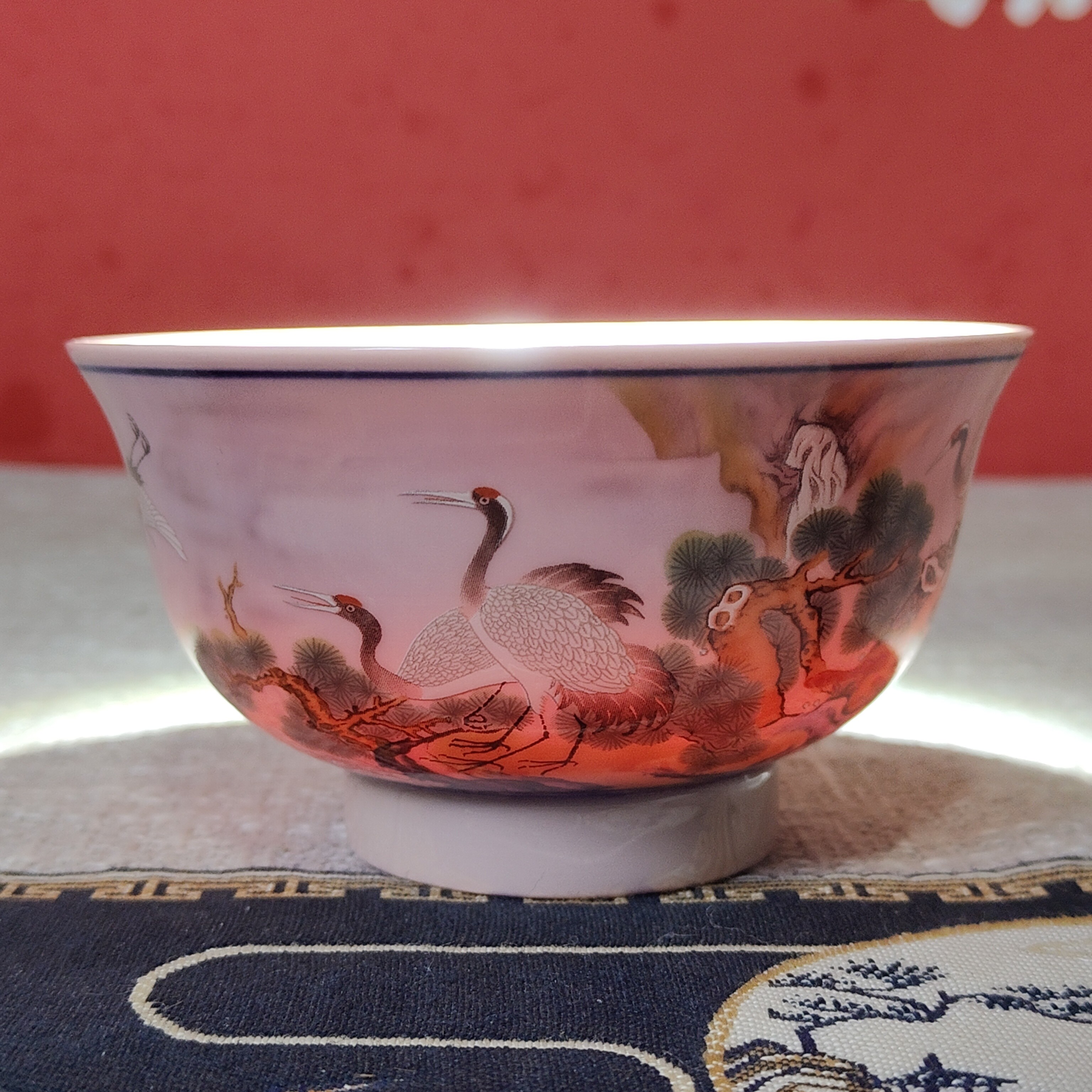 景德镇陶瓷红稀土粉彩六鹤同春家用饭碗4.5英寸松鹤陶瓷碗饭碗