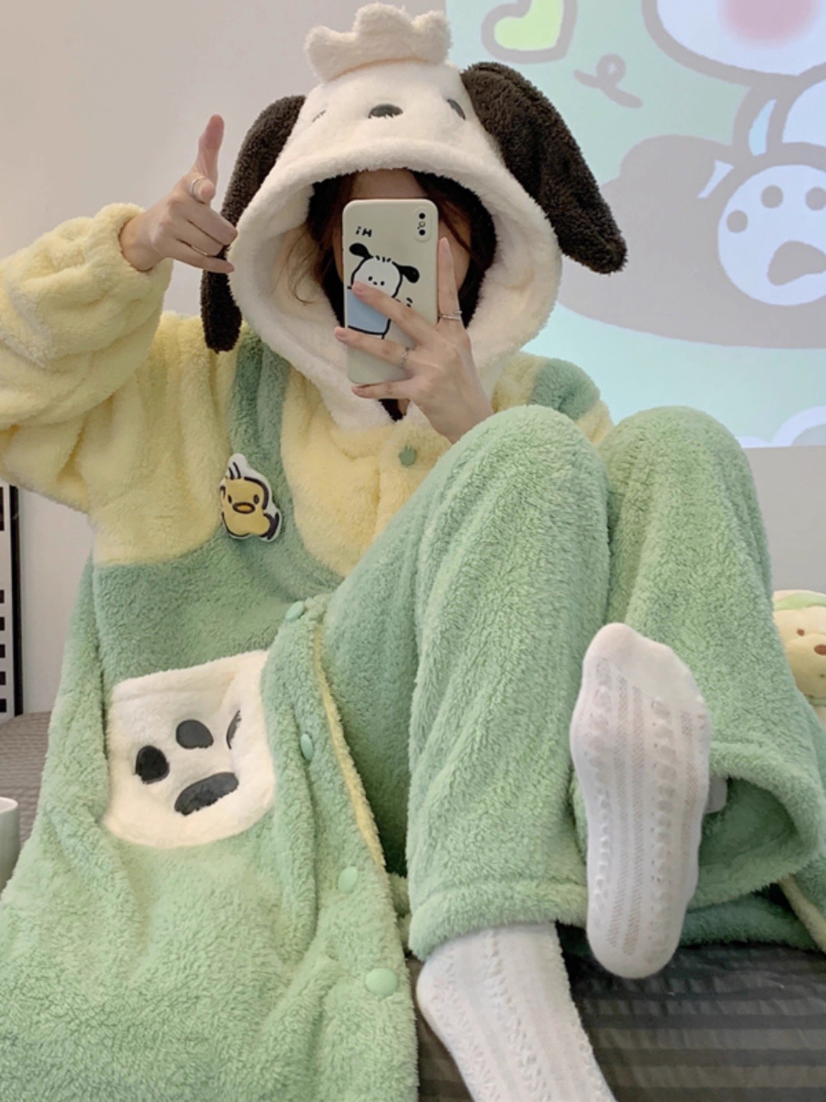 三丽鸥ins可爱帕恰狗睡衣女冬季2025年新款加厚毛绒卡通长款睡袍