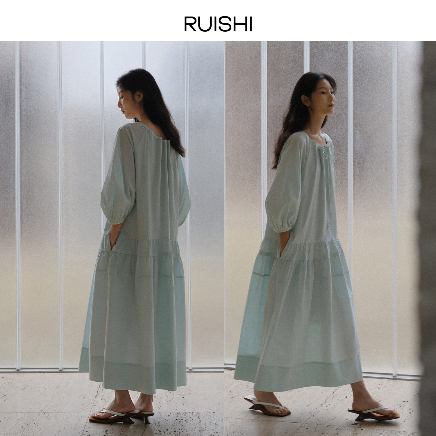 RUISHI芮时 纯棉日常通勤七分袖灯笼袖a字连衣裙女春季R25A131802