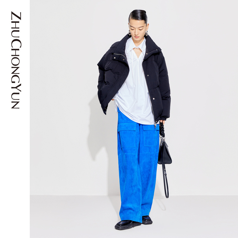 ZHUCHONGYUN秋冬白鹅绒彩色印花短款黑色短款羽绒外套C1CX4411Y