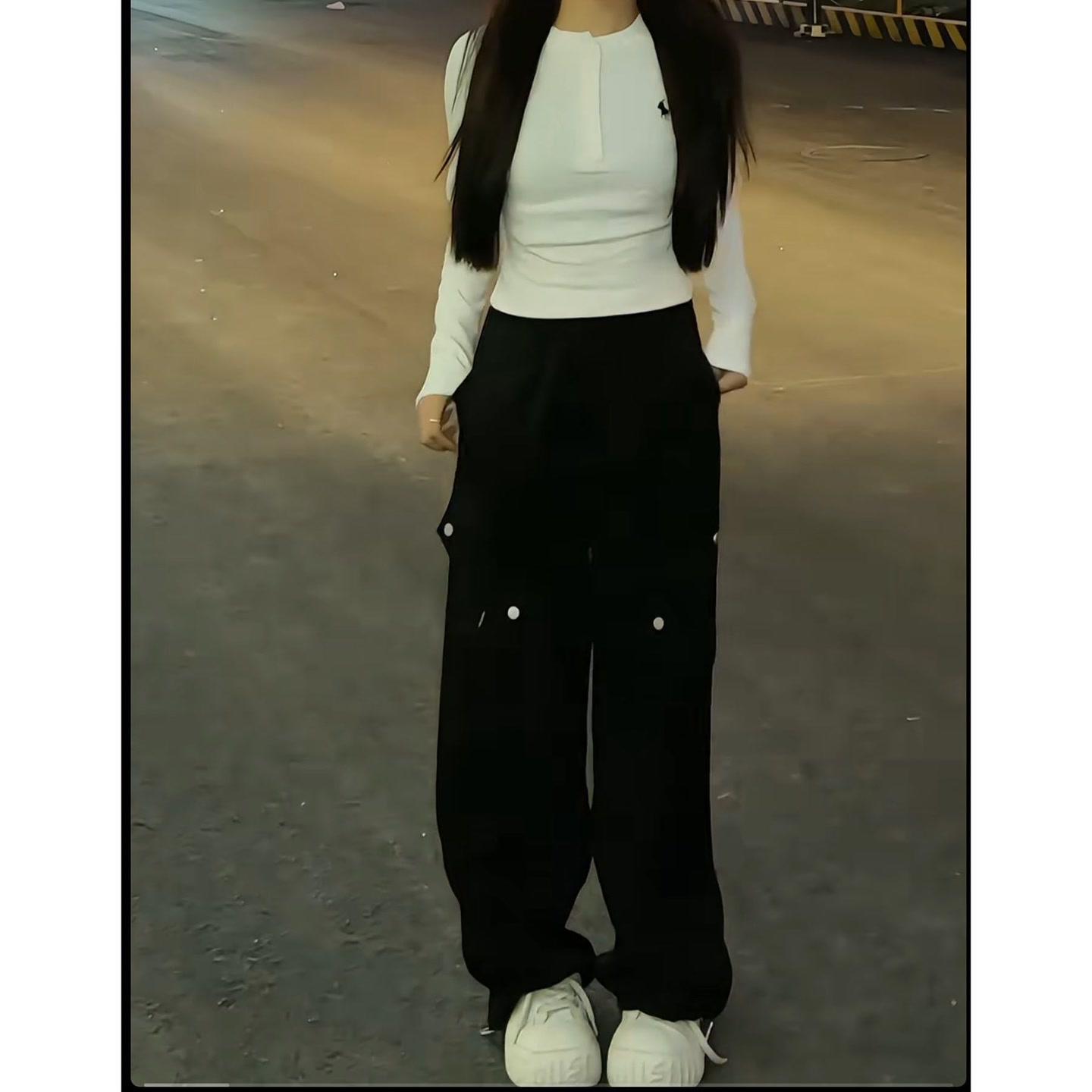 YOO[休闲风]刺绣正肩排扣打底338一高街工装束脚阔腿裤套装866一