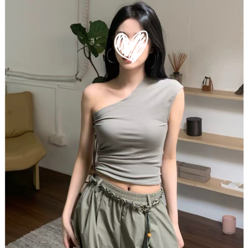 2025夏季新款美式辣妹性感纯欲斜肩修身显瘦百搭背心T恤女上衣潮