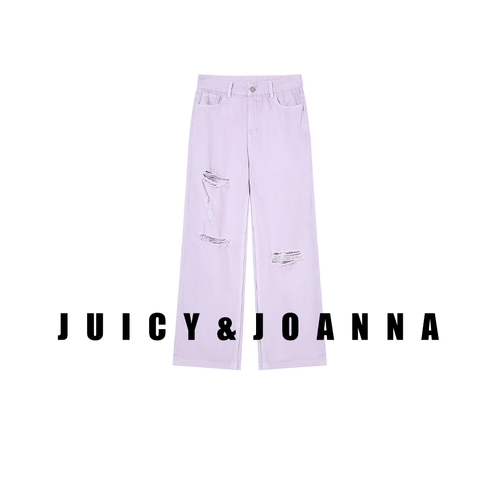 JUICY&JOANNA/橘子樱桃手磨破洞直筒牛仔裤