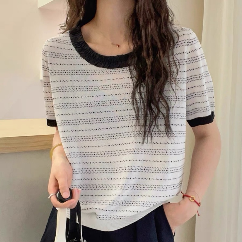 羊范夏季薄款撞色圆领条纹点点短袖女士百搭显瘦100天丝莱赛尔T恤