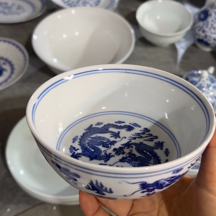 陶瓷青花5寸双龙戏珠饭碗
