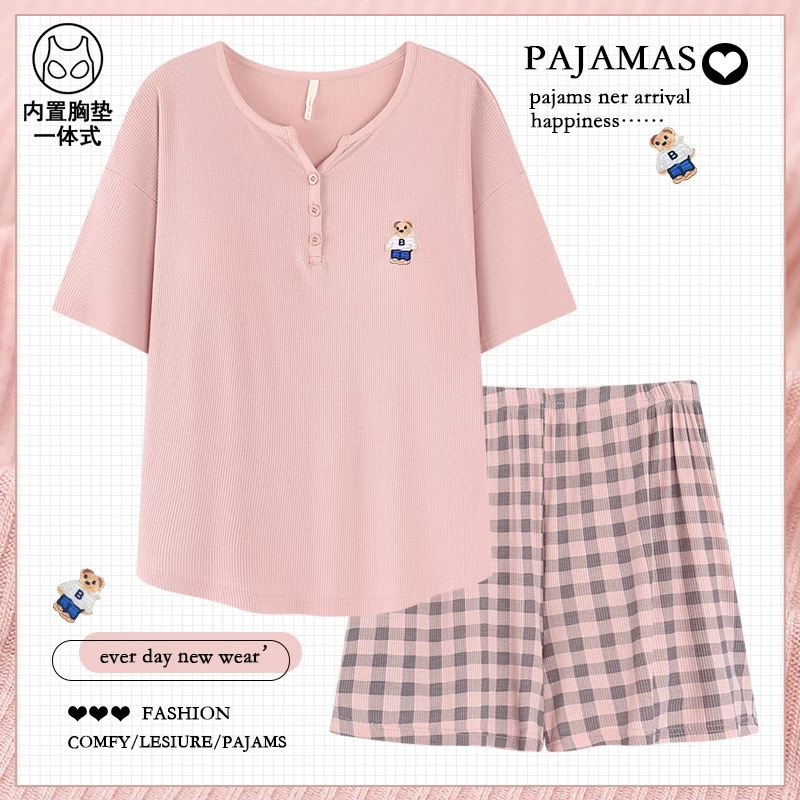 新款莫代尔刺绣小熊一体式胸垫家居服套装