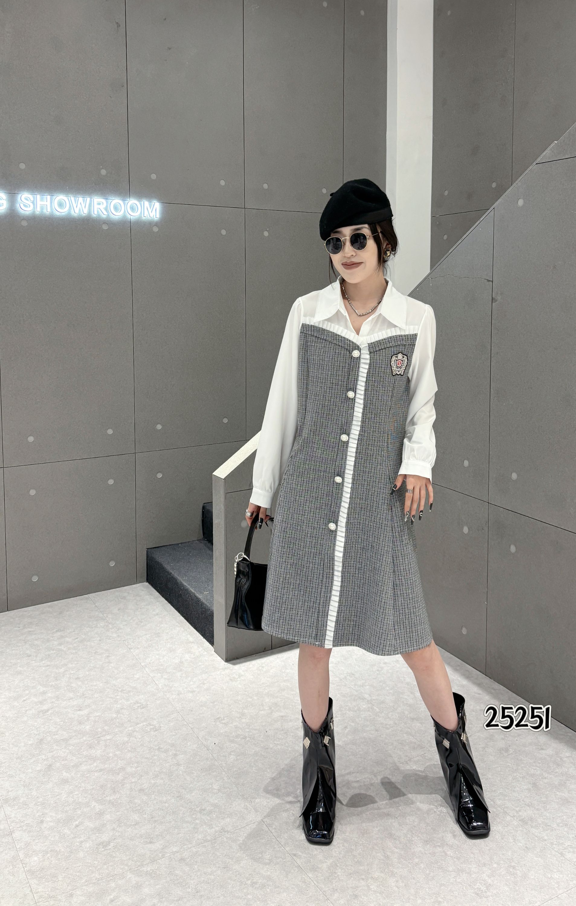 佳雪胖依坊假门襟POLO领灰白拼接胖MM大码连衣裙25251#