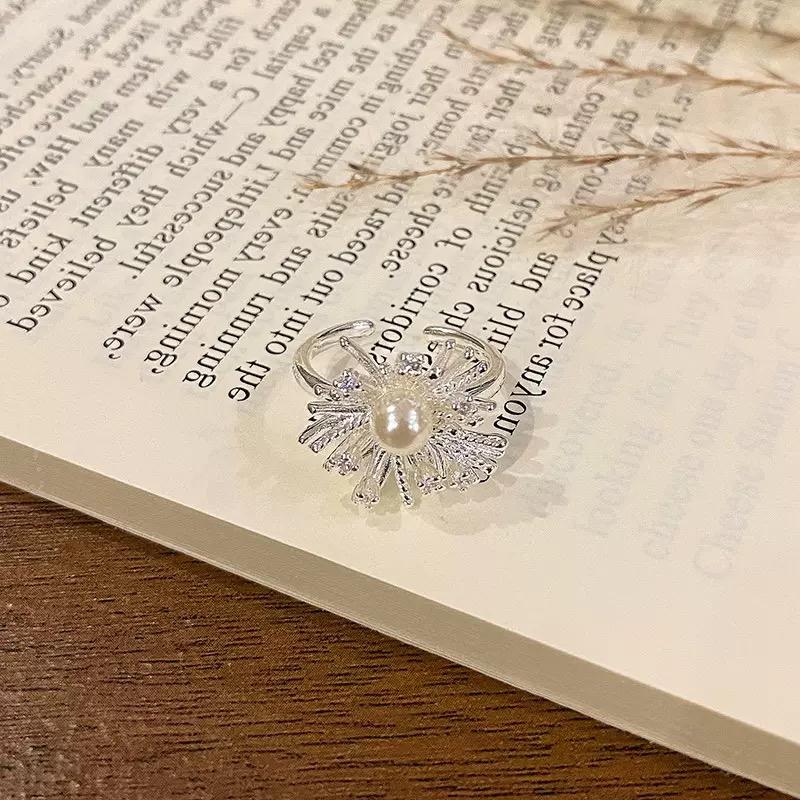 铜合金仿珍珠戒指 开口女时尚太阳花锆石指环白色雪花