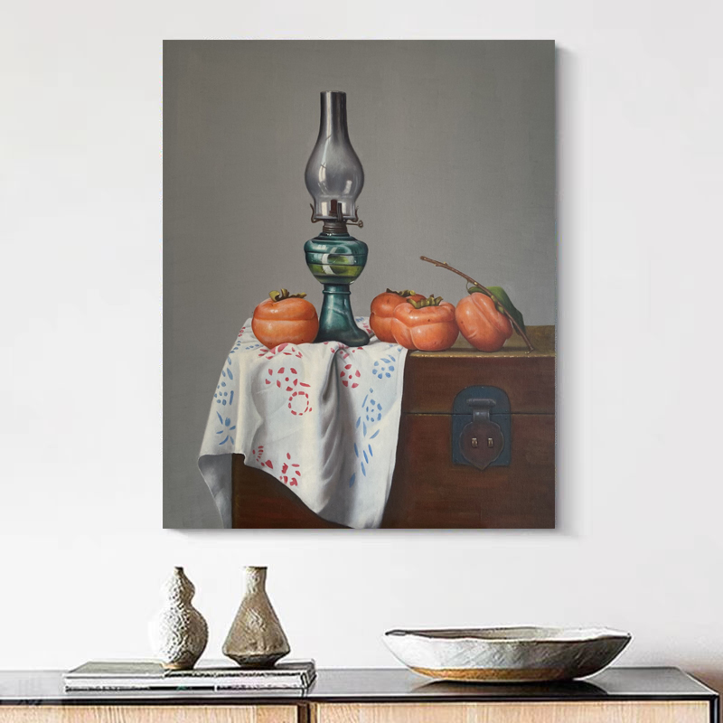 定金《柿影灯韵》50*60含内框，刘春建手绘油画装饰画客厅背景墙挂画