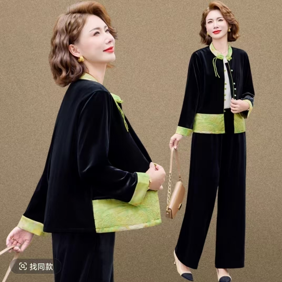 50多岁妈妈洋气上衣端庄大气秋装2025新款中老年外套金丝绒套装女