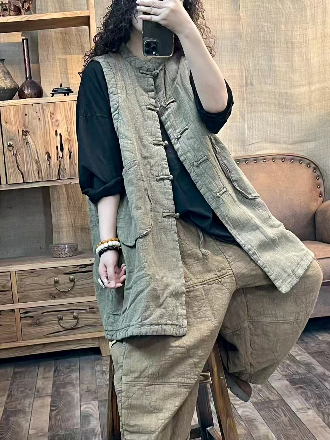 冬季亚麻炒色夹薄棉复古盘扣中长款马夹（长83 胸围120）