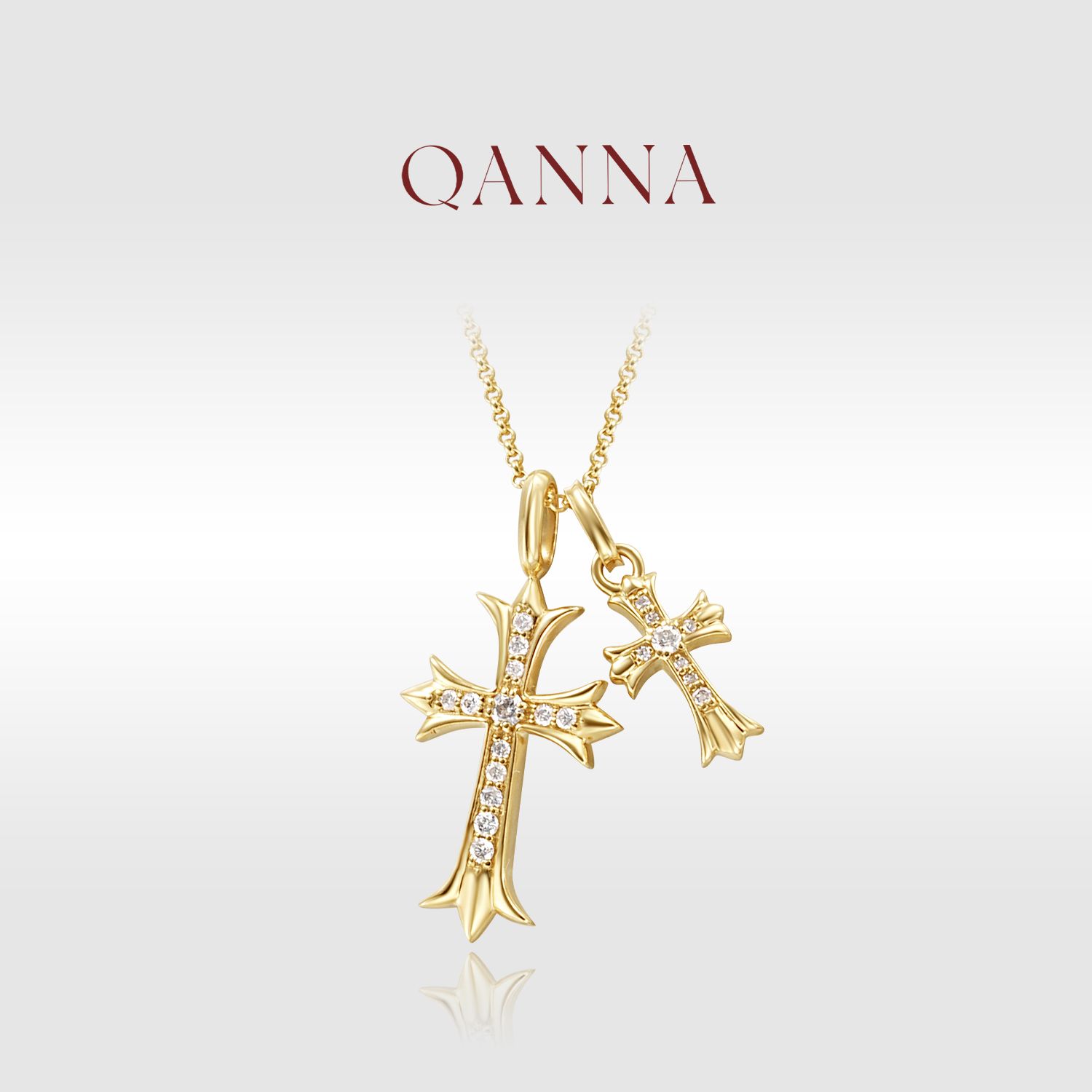 QANNA【双十字架】18K金轻奢满钻黄金色十字架钻石项链AF