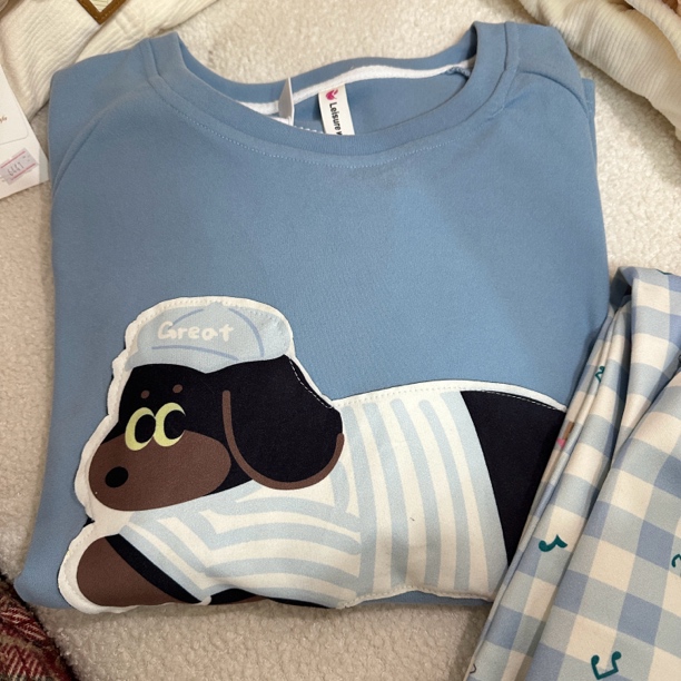 女士蓝色系腊肠狗德绒套头家居服套装
