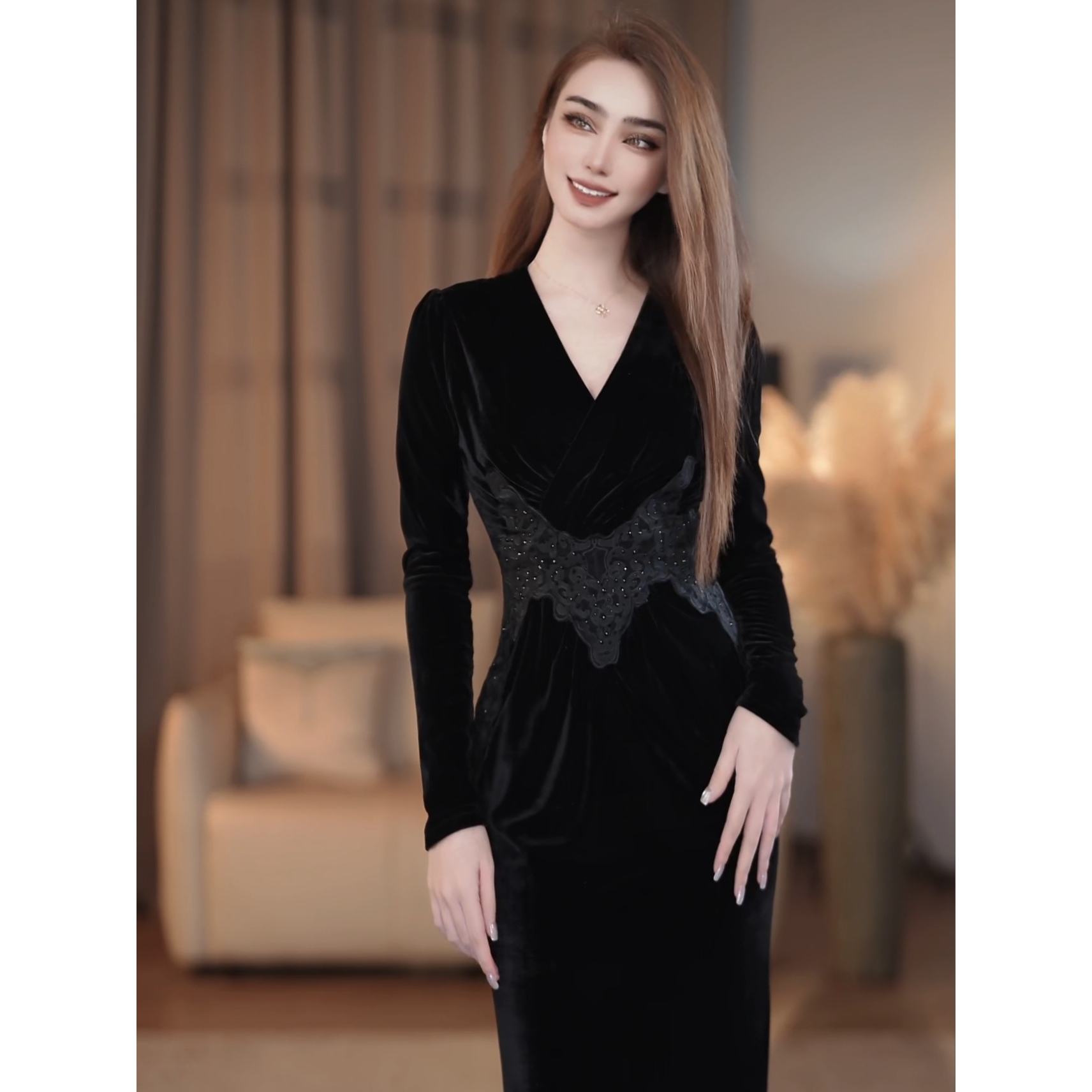 【爱妃】夜皇后秋季新款高级法式气质显瘦鱼尾连衣裙-YL30239