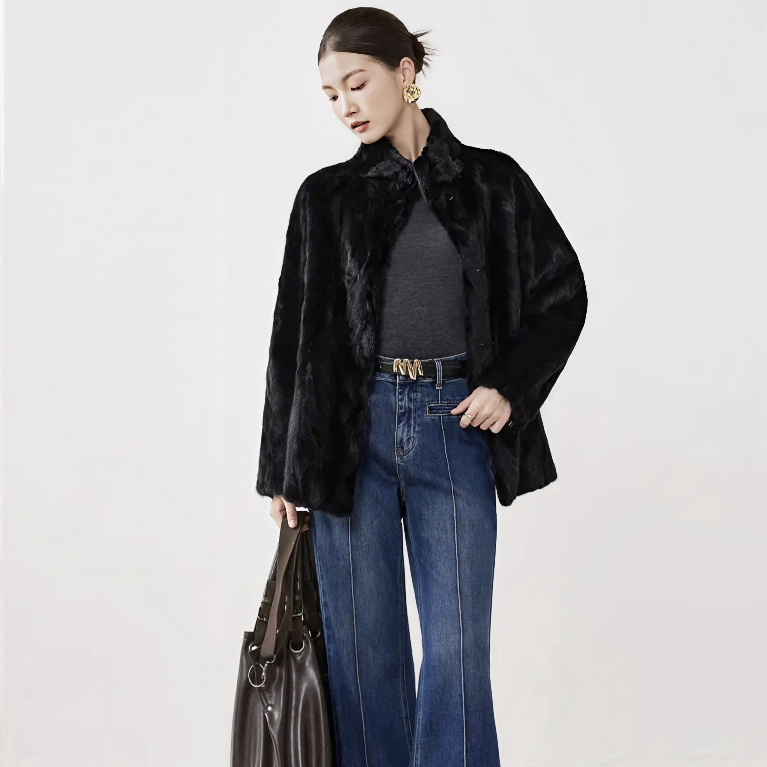 雅婷俪迩冬季女士水貂皮草皮毛一体校服保暖通勤约会百搭拼貂直播