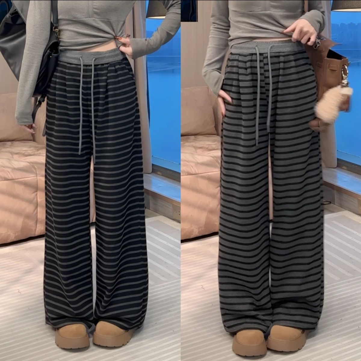 【现货+运费险】松紧腰条纹休闲阔腿裤女2025秋季新款百搭拖地长裤