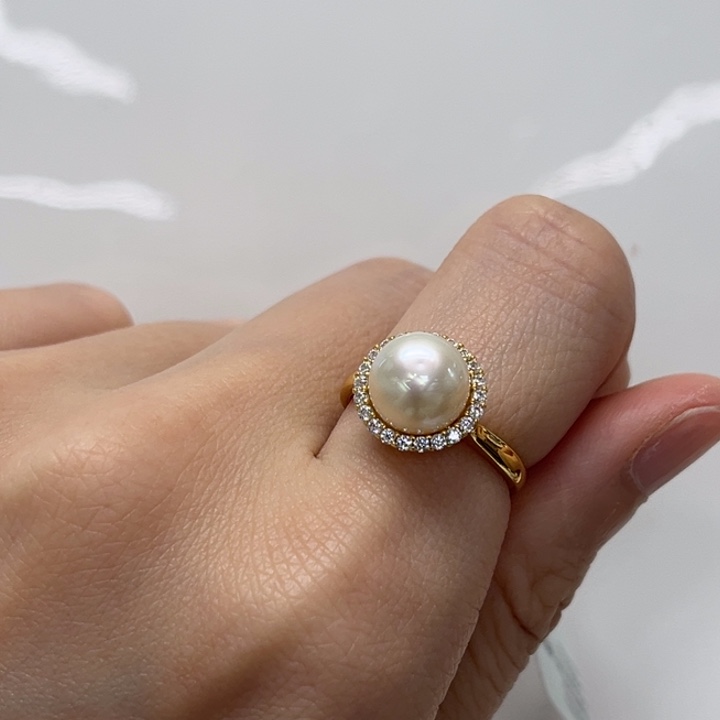 戒圈海水珍珠银S925镶嵌金珠 9-10mm 80号