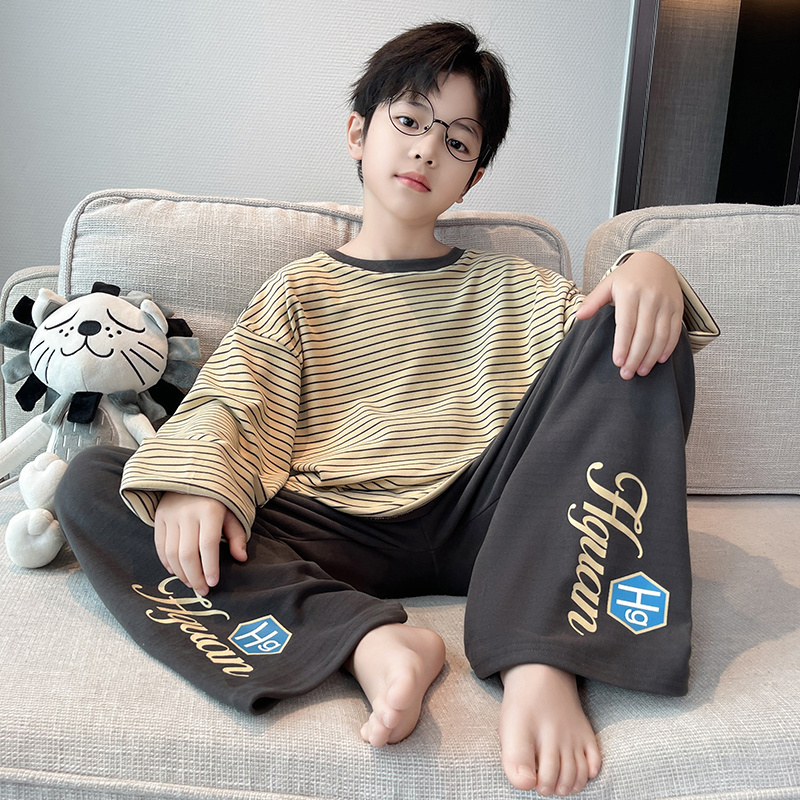 儿童睡衣春秋款男童德绒家居服套装2025新款大童冬季条纹潮衣秋装