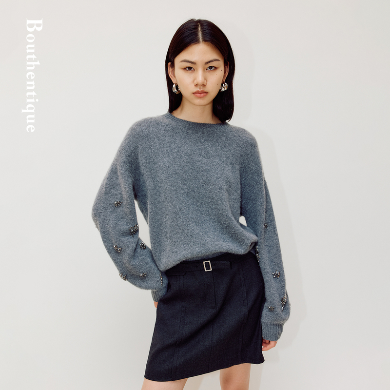 Bouthentique【纯羊毛】百搭宽松灯笼袖圆领针织套头衫225441F2Z10