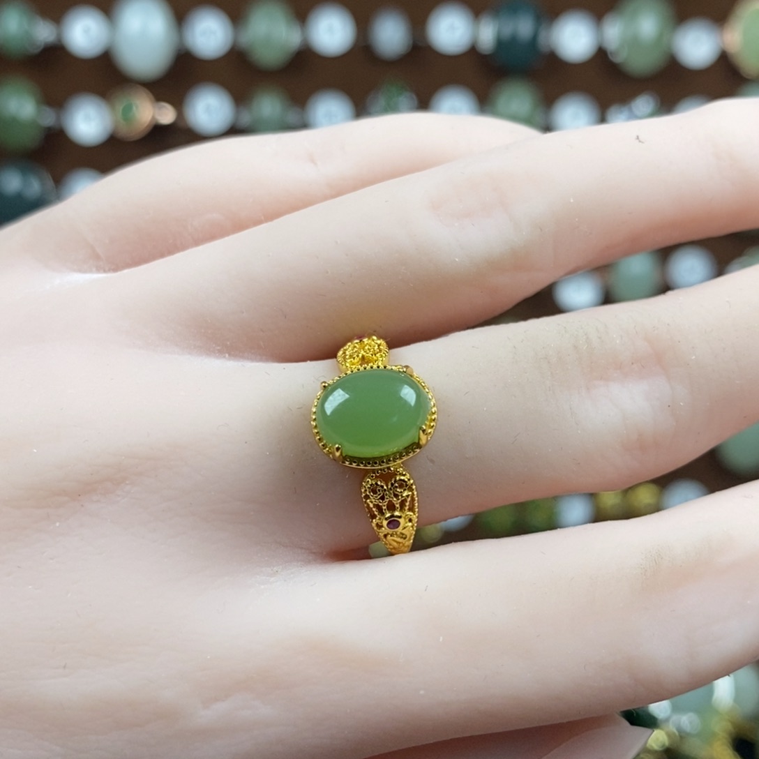 和田玉（碧玉）戒指银S925镀金镶嵌