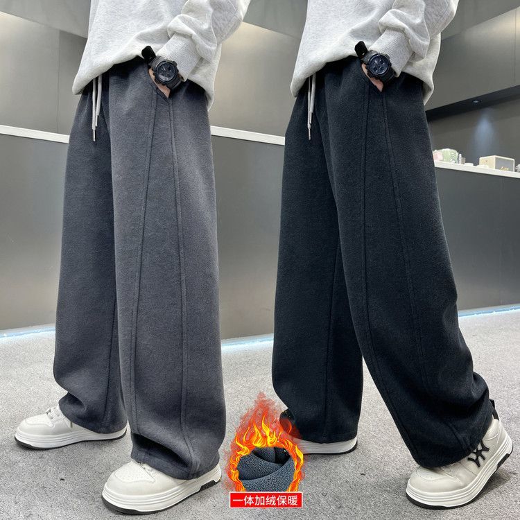 男童一体绒裤子加绒秋冬款2025新款儿童冬季运动裤中大童加厚卫裤