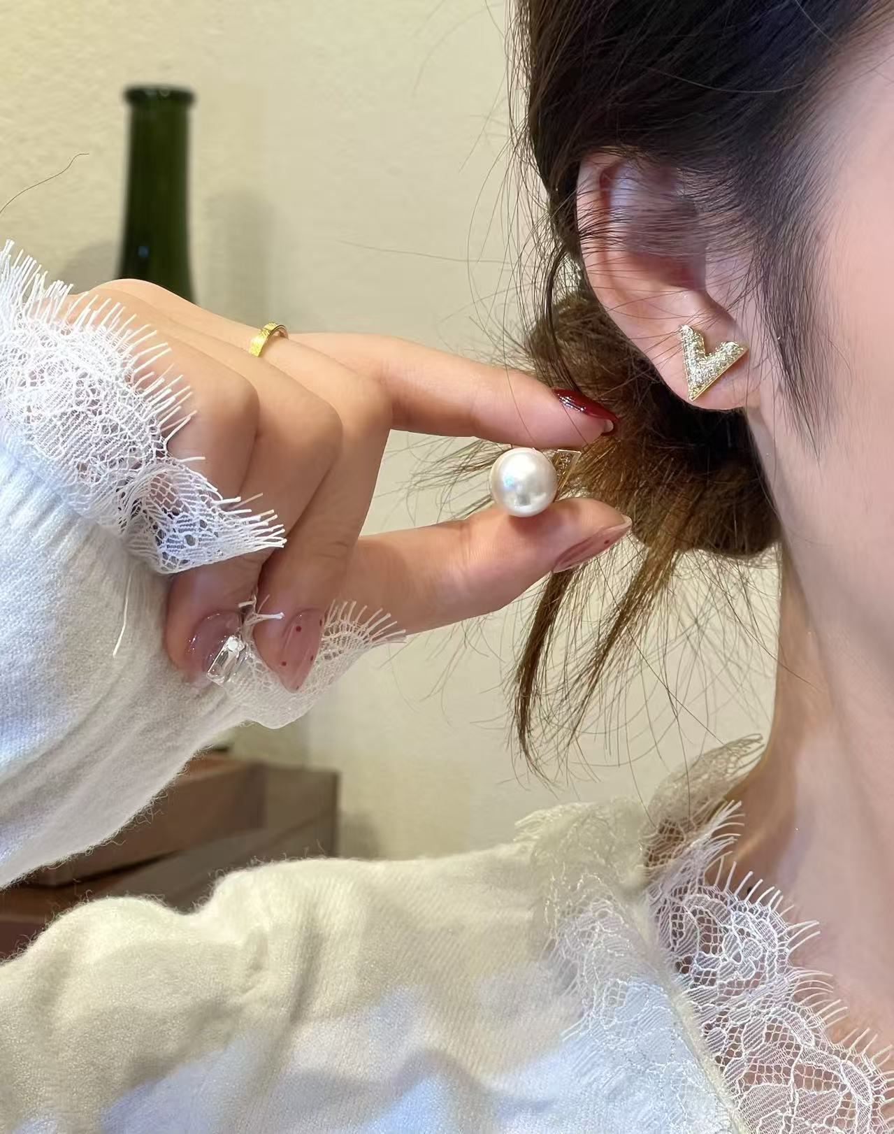 铜合金合成锆石耳饰 【前后v字】925银针前后双戴珠珠耳钉轻奢时尚