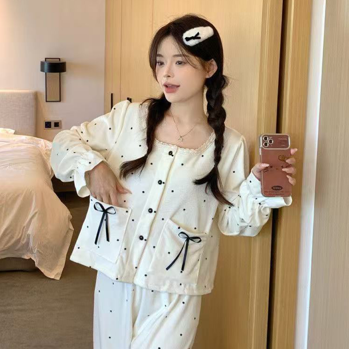 双口袋黑色波点德绒250斤睡衣女套装舒适休