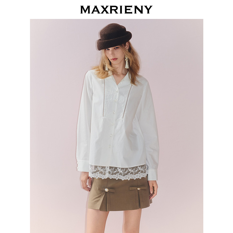 【达人专属】MAXRIENY法式蕾丝拼接衬衫垂坠感秋衬衫