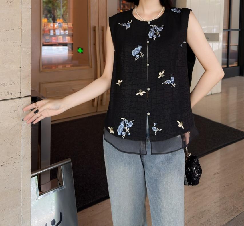 真丝香云纱拼接真丝欧根纱马甲南油新中式国风龟裂纹刺绣绣花上衣