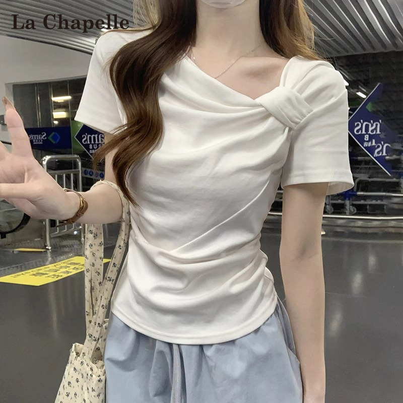 不规则扭结v领正肩短袖t恤女夏洋气时尚设计感短款上衣（运补4-6）