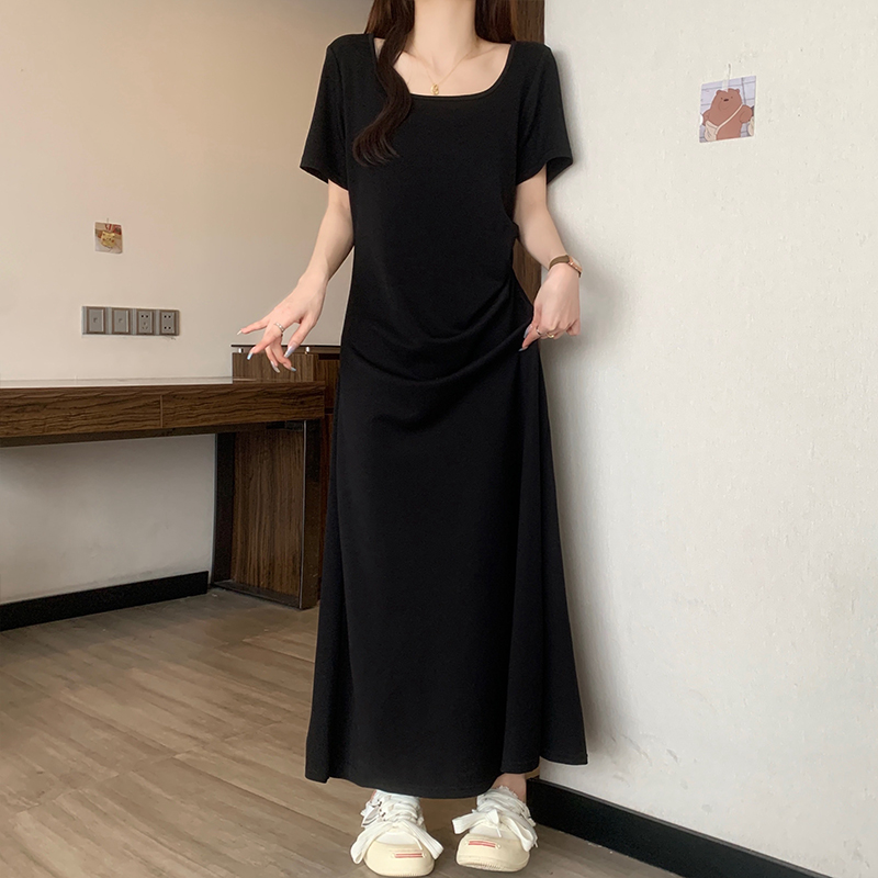 J大码胖mm夏季新款复古松紧黑色高腰方领超仙气质温柔显瘦长裙子