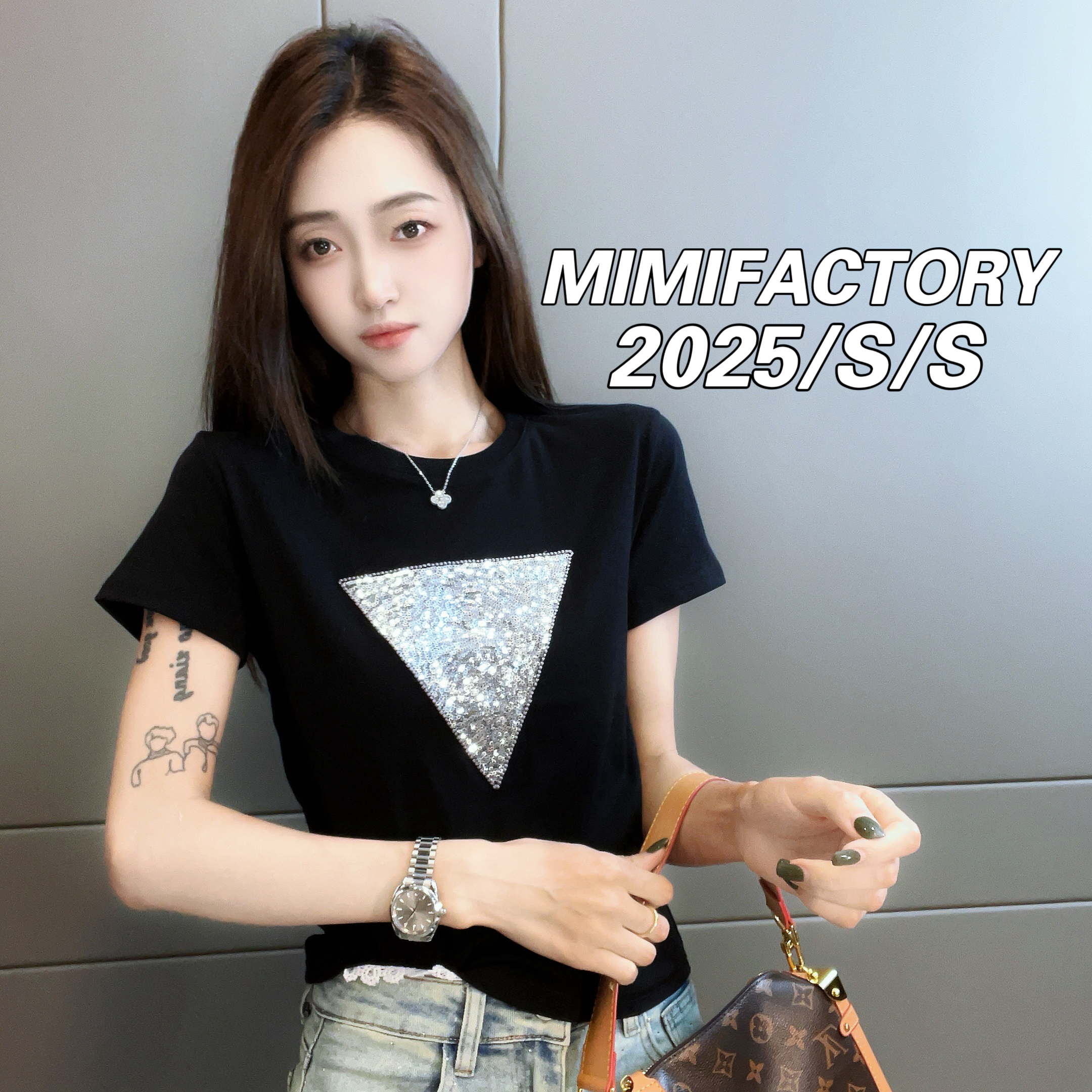 芈芈2025夏季新款 重工几何亮片刺绣短袖T恤女百搭显瘦上衣3959#