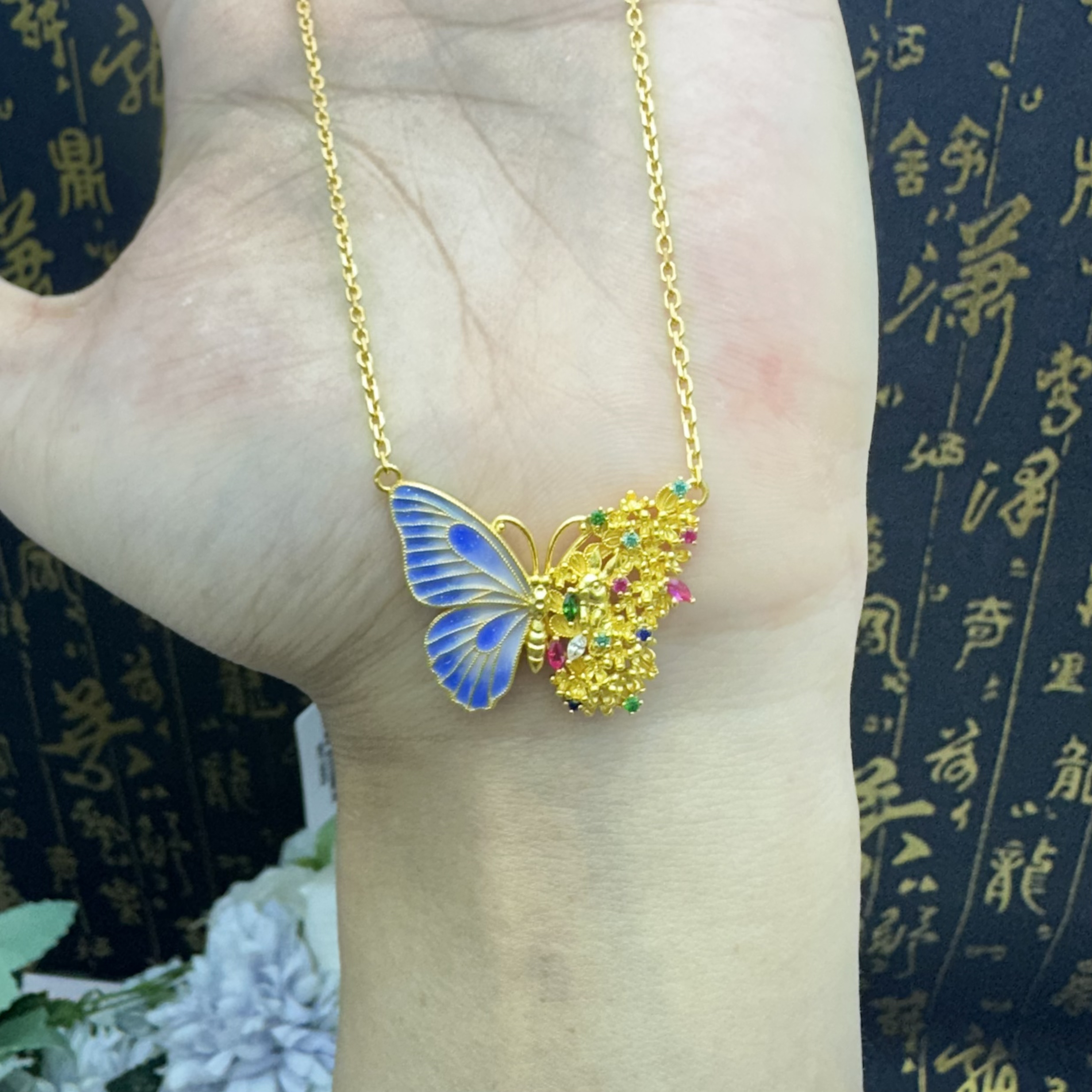 足金999镶嵌桂花蝴蝶套链项链