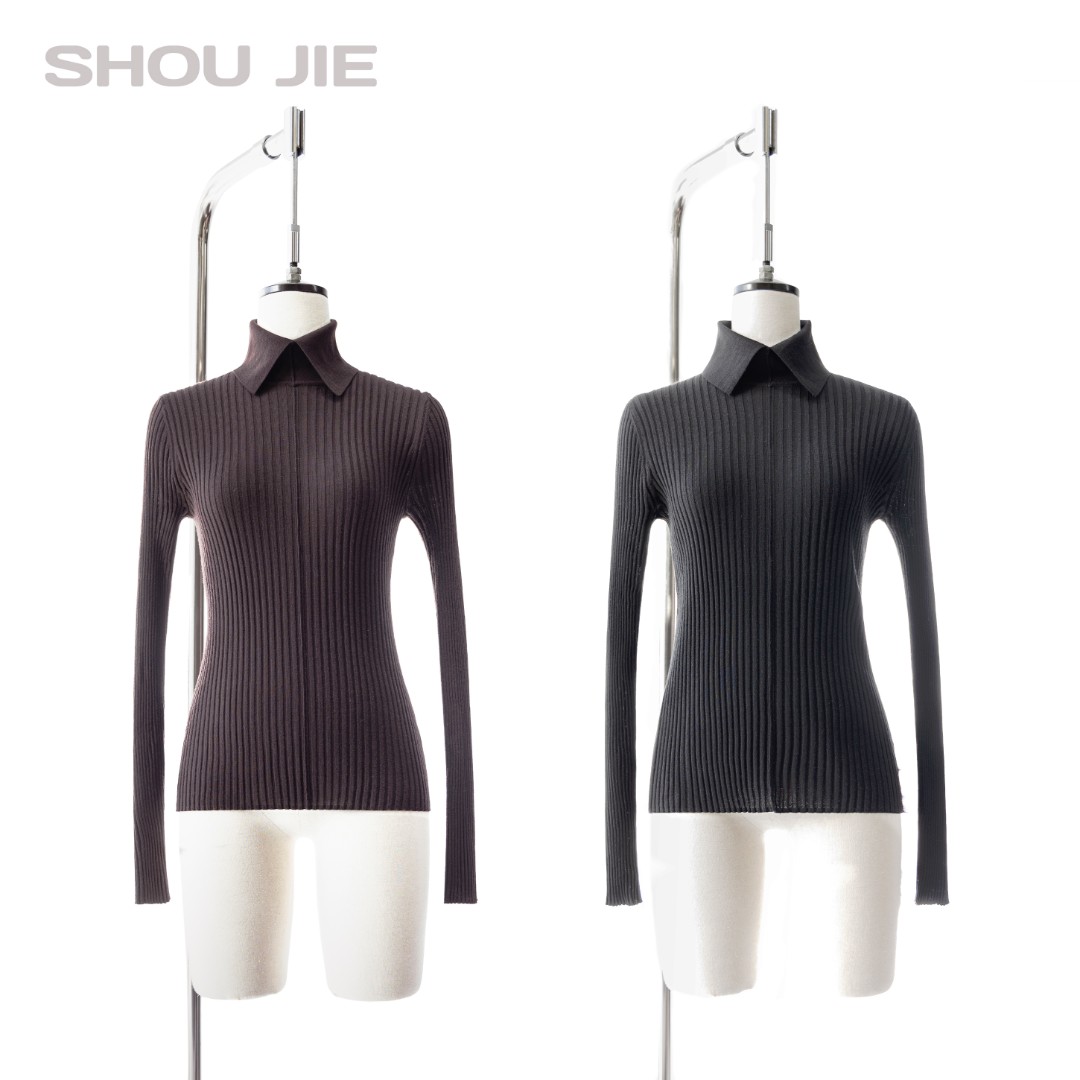 守界高弹力0压感60支精纺100%极细美利诺羊毛翻领羊毛针织衫