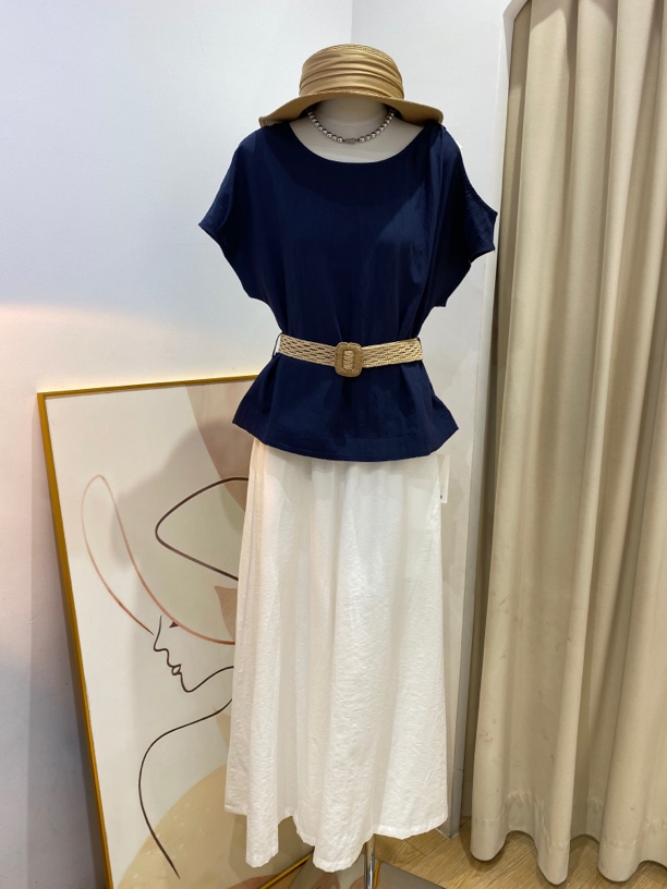 2025新款韩版时尚百搭高腰简约显瘦设计感小众斜肩短袖上衣直筒裤