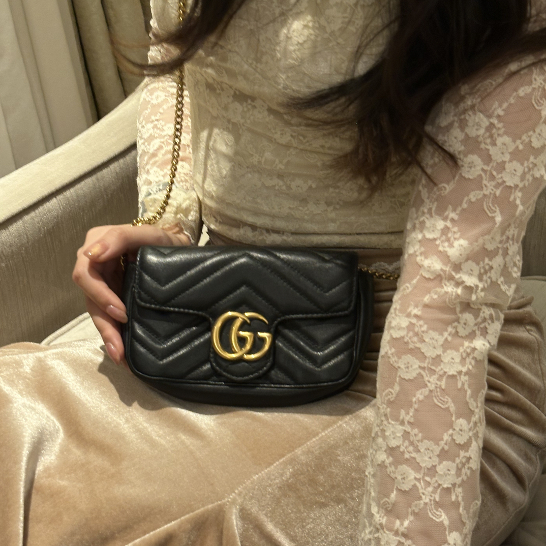 95新 GUCCI/古驰 天天黑金马蒙迷你链条包