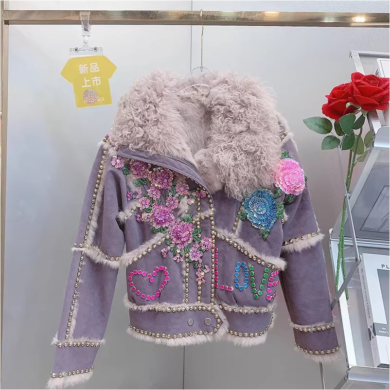 QD183欧美风设计师2025秋冬新款重工珠亮片字母兔毛皮毛一体外套