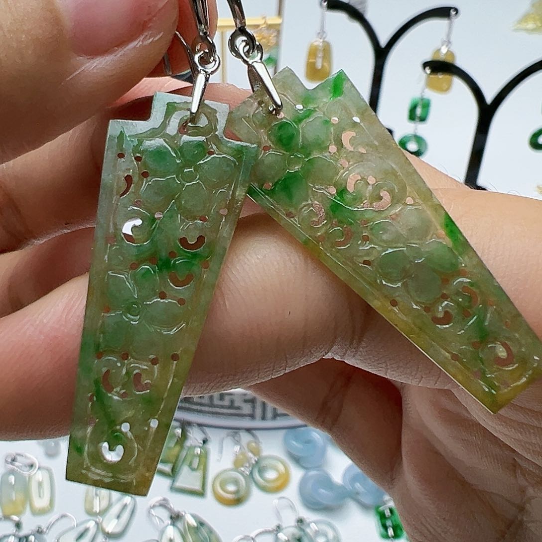 银S925镶嵌翡翠耳饰天然缅甸A货翡翠