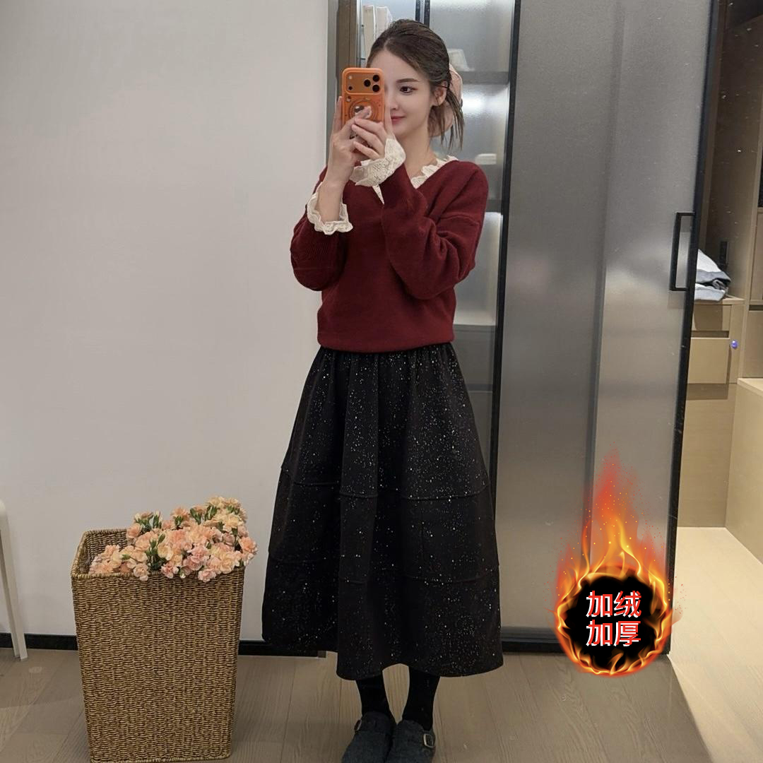 运补6毛呢半身裙女冬季烫晶高腰A字超好看冬裙中长款花苞伞裙