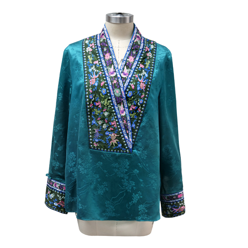 娑尔金鱼刺绣孔雀蓝提花香云纱上衣复古中式中国风SJ2SN03604