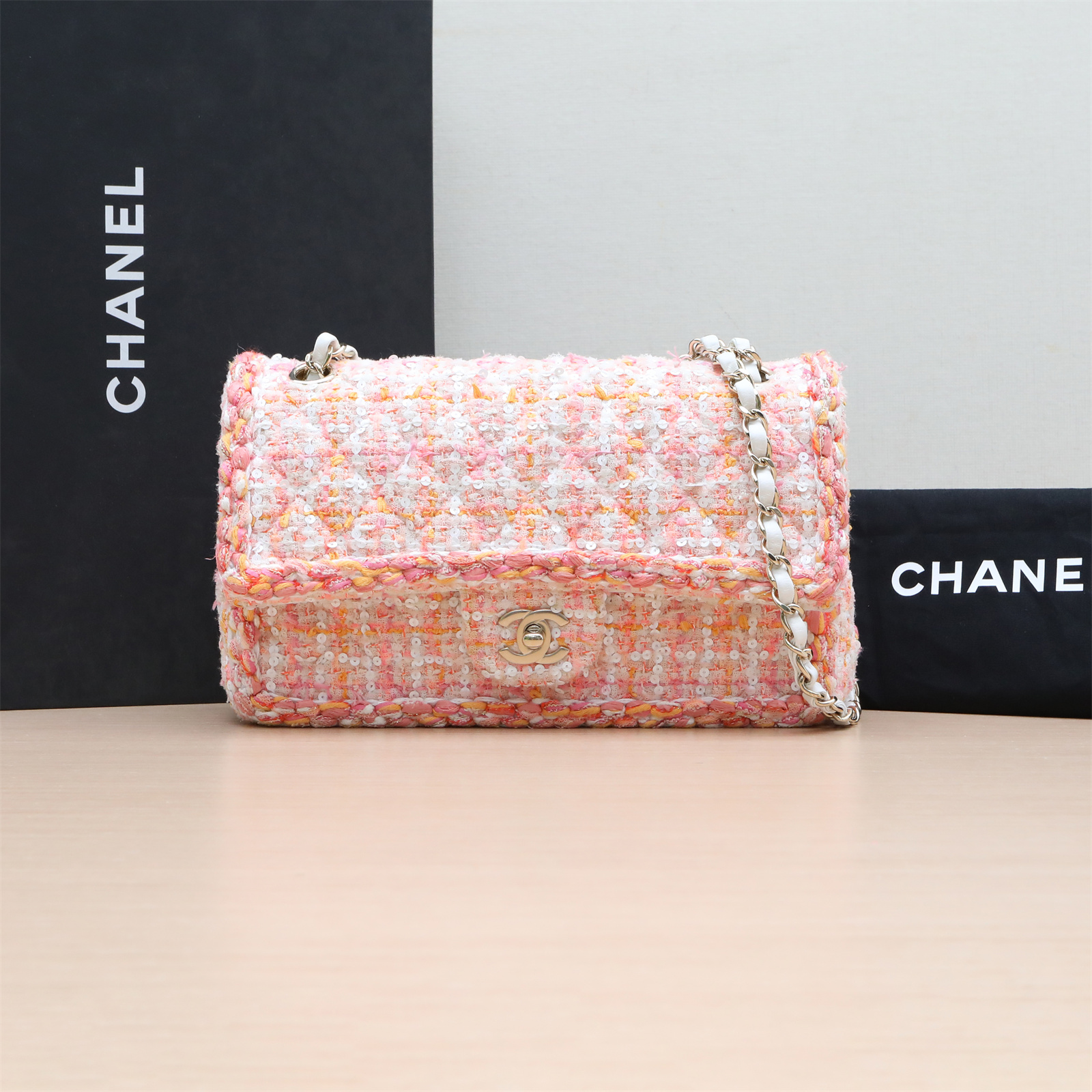 95新 Chanel/香奈儿 小花双双 CF口盖包 中号 拼色 粗花呢 浅金扣