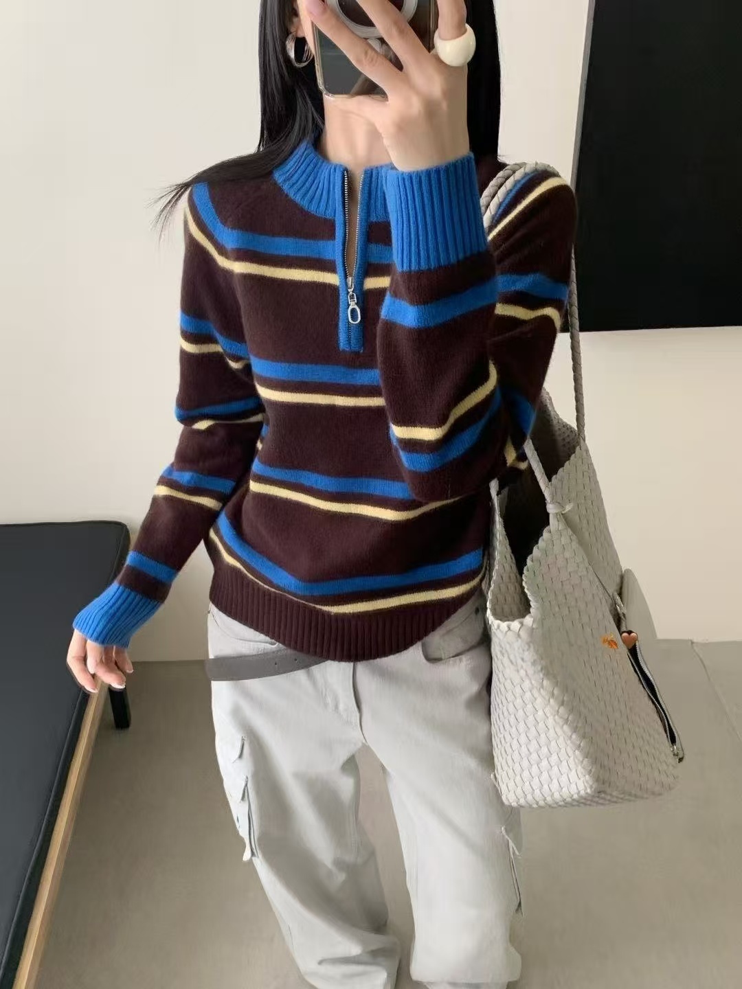 韩版拼色条纹半拉链立领羊毛针织衫女欧洲站秋冬显瘦百搭减龄毛衣