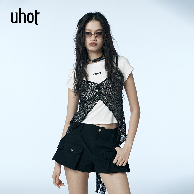 UHOT黑白色吊带印花可调节绑带设计假两件上衣夏季新款UWWR2N646M