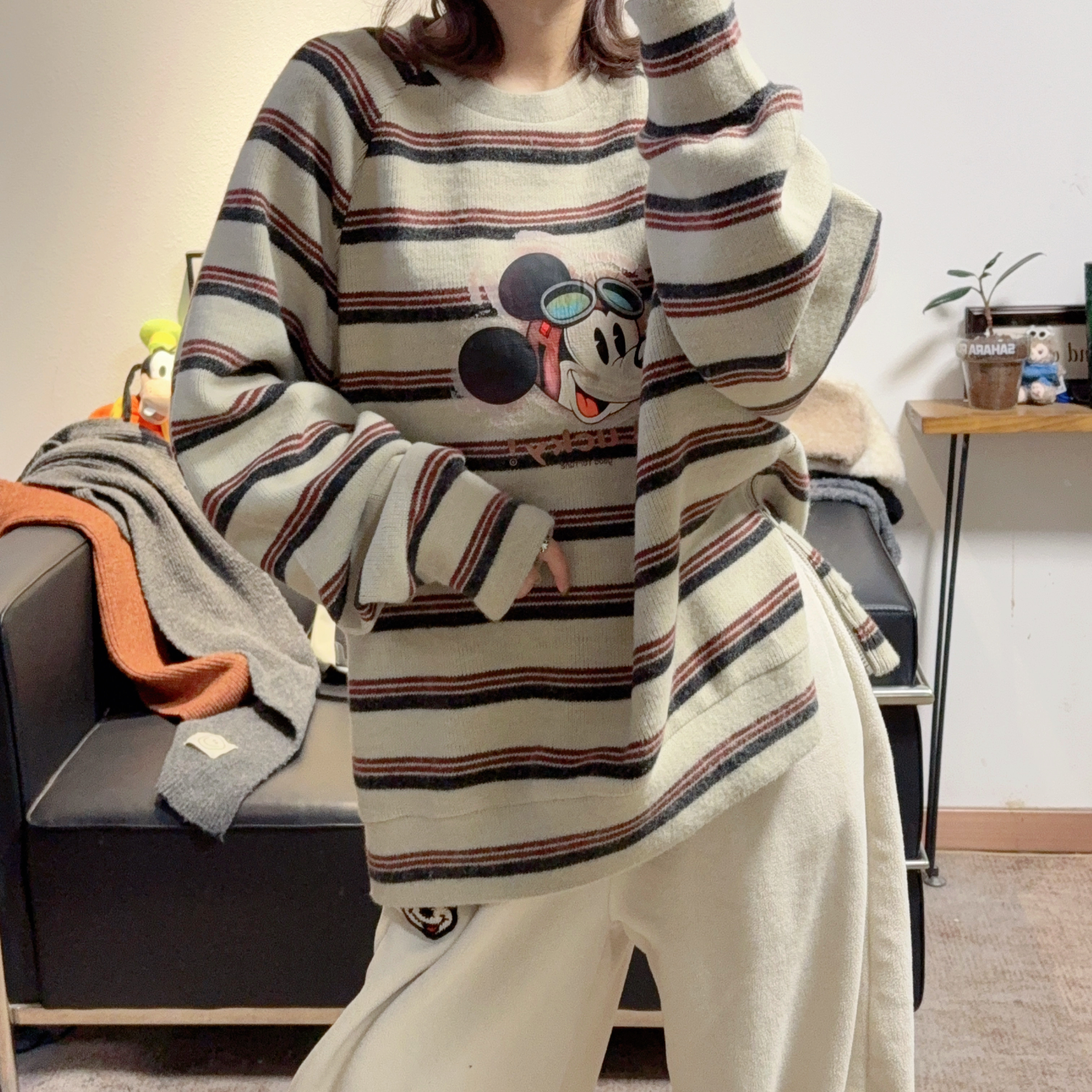 冬季新款超吸睛美拉徳色系撞色条纹圆领米奇针织T恤女宽松显瘦